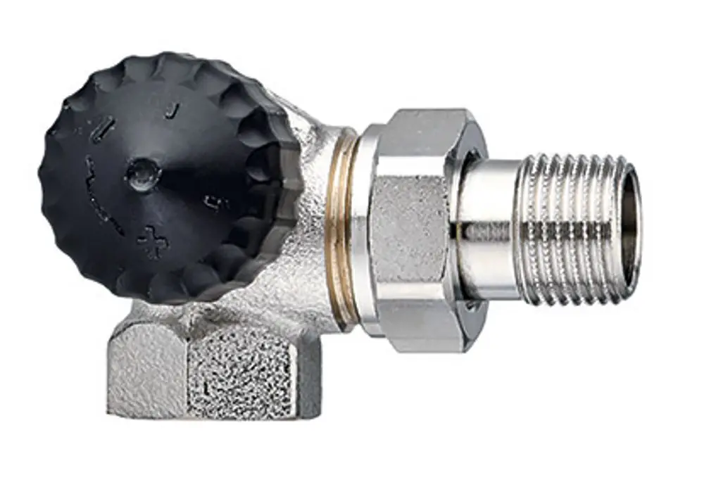 Thermostatventilunterteil mit schwarzem Drehknopf und metallischem Gewinde. Das Produkt gehört zur IMI Hydronic Engineering Reihe und ist für Heizungsinstallationen konzipiert.